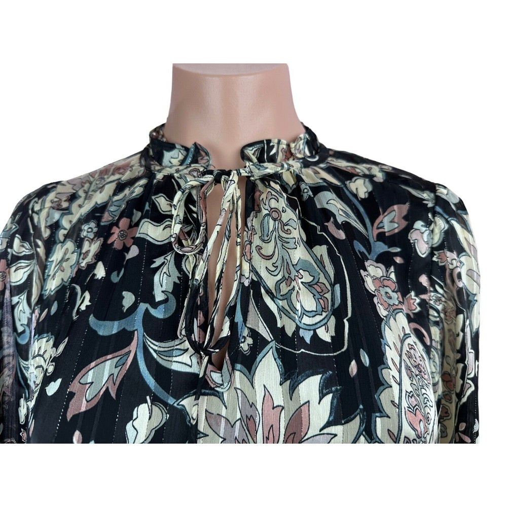 Tamara H. Sz S/P Blouse Ruffled Neckline Paisley Black w/Beige,Pink & Gold Metal - Picture 2 of 6